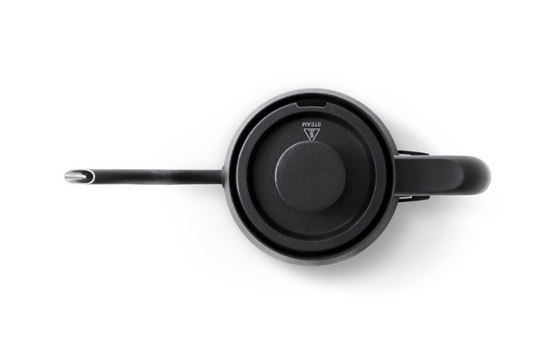 Black BALMUDA The Kettle with a sleek modern design and black top, featuring a stylish and functional electric kettle.