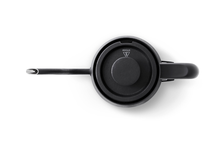 Black BALMUDA The Kettle with a sleek modern design and black top, featuring a stylish and functional electric kettle.
