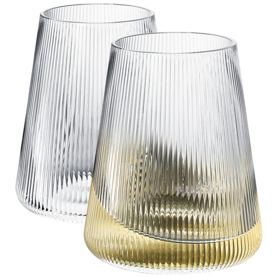 Set of two Khen ribbed stemless wine glasses, 13.5 oz clear modern glassware with a slanted design.