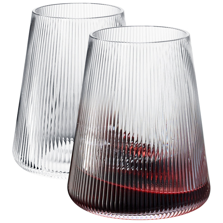 Set of 2 Khen Stemless wine glasses, 13.5 oz clear modern glassware with ribbed design and slanted shape.
