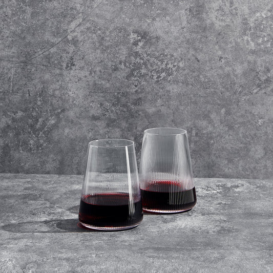 Set of two Khen stemless wine glasses, 13.5 oz clear modern glassware with ribbed design, perfect for casual wine drinking