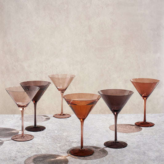 Set of six Khen Site Venus Martini glasses, 8.1 oz brown cocktail glassware with elegant, curved design for stylish drinks.