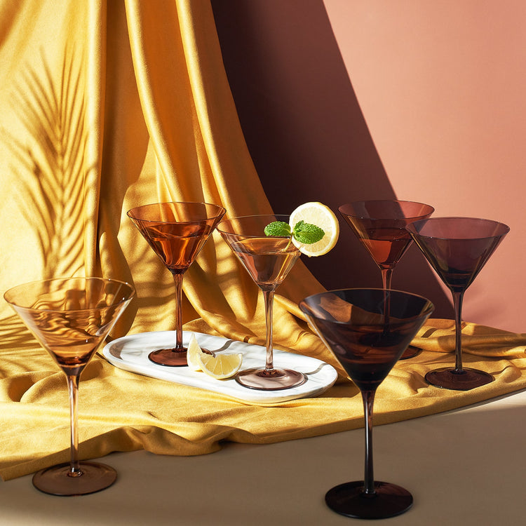 Set of six brown Khen Site Venus Martini glasses, 8.1 oz, elegant cocktail glassware for stylish drinks and entertaining.