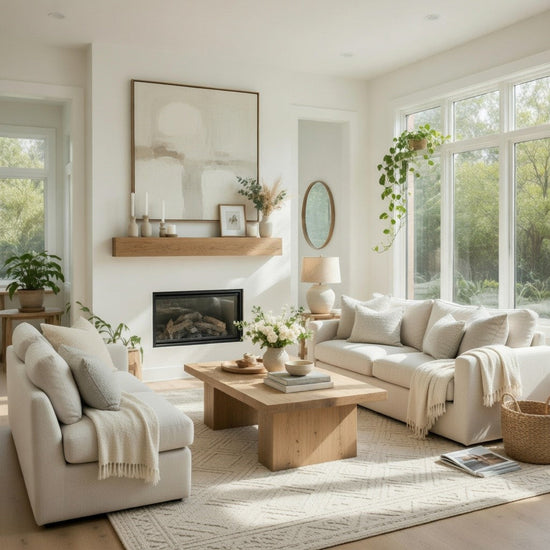 A rustic farmhouse poplar wood floating fireplace mantel in aged oak finish, styled in a cozy living room setting.