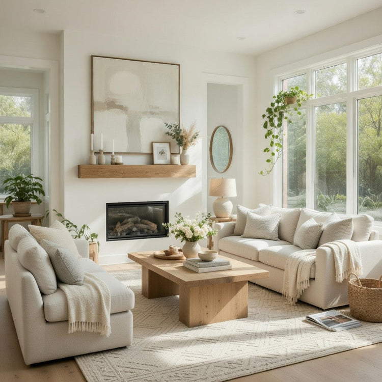 A rustic farmhouse poplar wood floating fireplace mantel in aged oak finish, styled in a cozy living room setting.
