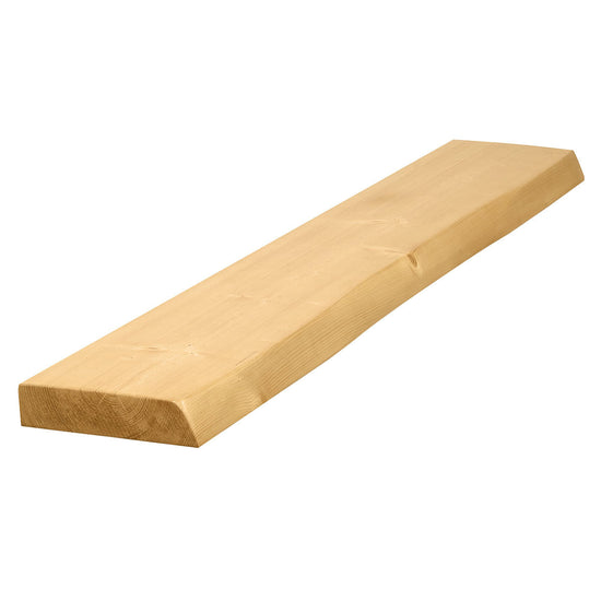 Solid wood live edge floating wall shelf, natural finish, designed as a mantel by Dogberrycollections, showcasing its organic wood grain.