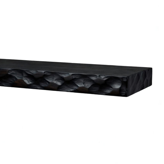Hewn Kitchen floating shelf by Dogberrycollections in midnight black, hand-textured solid poplar, 24 to 72 inches long.