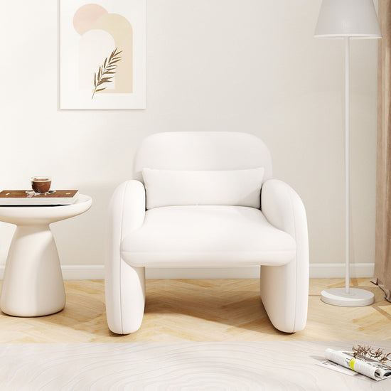 Beige sherpa accent chair with armrests and waist pillow, modern armchair for stylish comfort and cozy seating.