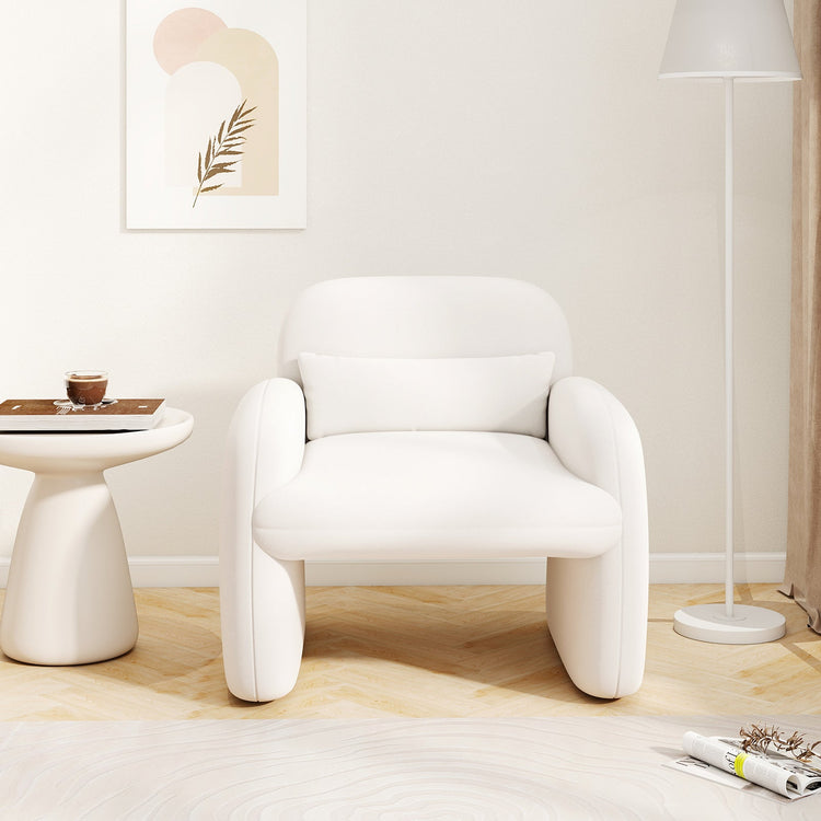 Beige sherpa accent chair with armrests and waist pillow, modern armchair for stylish comfort and cozy seating.