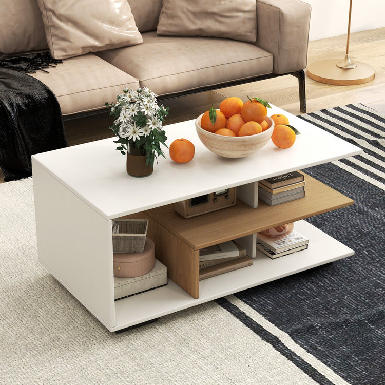 White rectangular coffee table with three-tier storage and L-shaped middle shelf, modern design from DirectDeals.