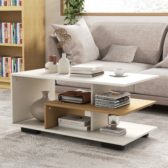 White rectangular coffee table with three-tier storage and L-shaped middle shelf, modern design by DirectDeals