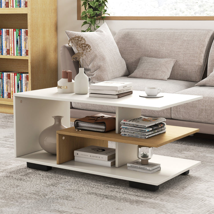 White rectangular coffee table with three-tier storage and L-shaped middle shelf, modern design by DirectDeals