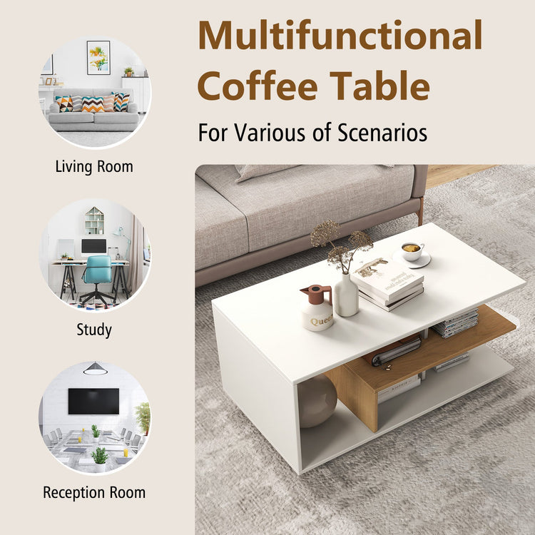 White rectangular coffee table with three-tier storage and L-shaped middle shelf, modern design by DirectDeals.