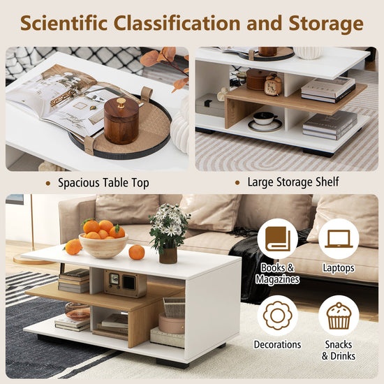 White rectangular coffee table with three-tier storage and an L-shaped middle shelf, modern design by DirectDeals.