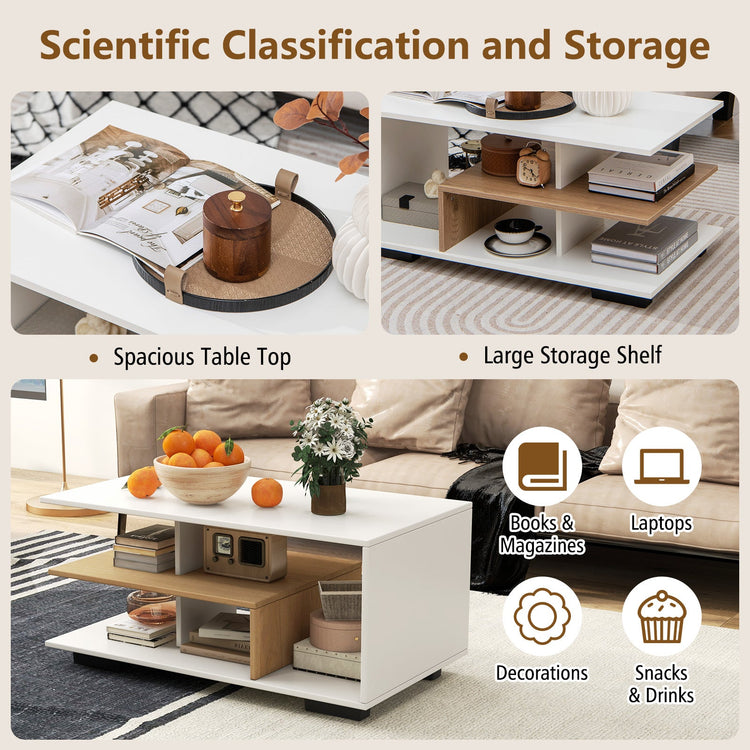 White rectangular coffee table with three-tier storage and an L-shaped middle shelf, modern design by DirectDeals.