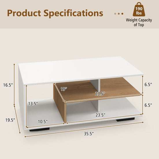 White rectangular coffee table with three-tier storage and an L-shaped middle shelf, modern design by DirectDeals.