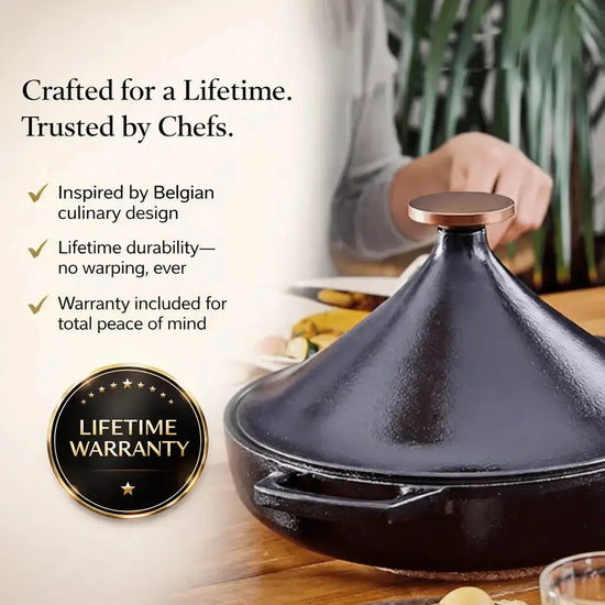 Alva Cookware Moroccan 3 QT ceramic tagine pot with conical lid for authentic North African cooking.