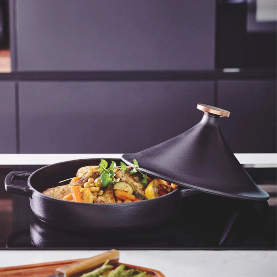 Alva Cookware Moroccan 3 QT ceramic tagine pot with conical lid for traditional slow cooking and rich flavors.