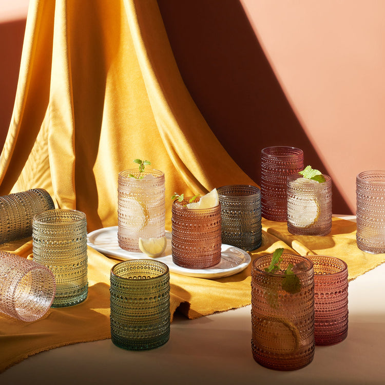 Set of 12 Khen Site hobnail highball and lowball glasses, 14 oz and 11 oz, with textured, muted hobnail design for stylish drinkware.