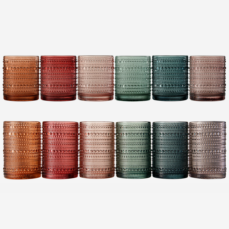 Set of 12 Khen Site highball and lowball glasses with hobnail texture, 14 oz and 11 oz capacity, muted glass finish.