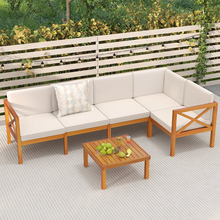 6-piece outdoor lounge furniture set with acacia wood frames and off-white cushions, including sectional seating for patio relaxation.