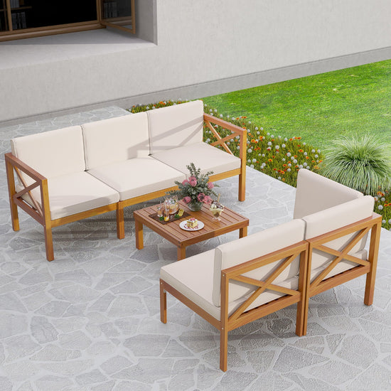 6-piece outdoor lounge furniture set with acacia wood frames and off-white cushions, including sectional seating and coffee table.