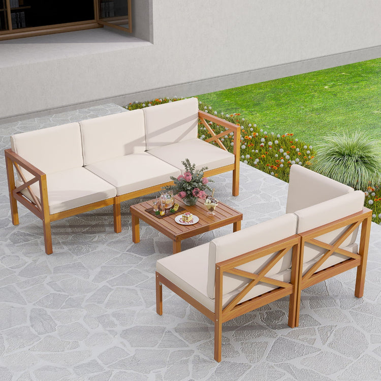 6-piece outdoor lounge furniture set with acacia wood frames and off-white cushions, including sectional seating and coffee table.