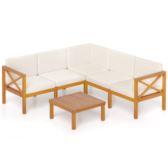 Six-piece outdoor lounge furniture set with acacia wood frames and off-white cushions for patio relaxation.