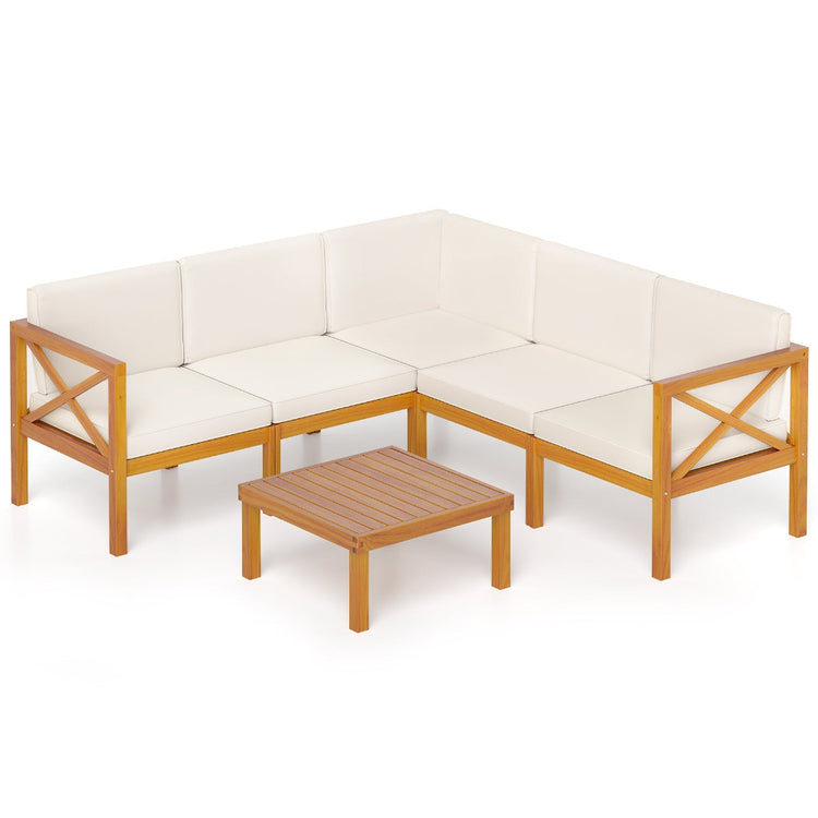 Six-piece outdoor lounge furniture set with acacia wood frames and off-white cushions for patio relaxation.