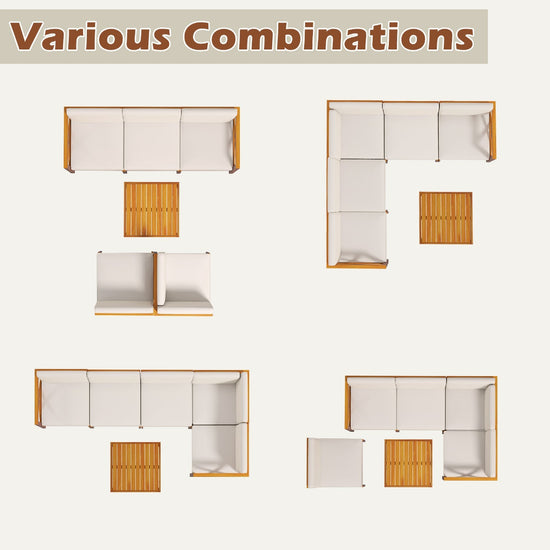 Outdoor 6-piece acacia wood lounge furniture set with off-white cushions, perfect for patio relaxation and outdoor gatherings.