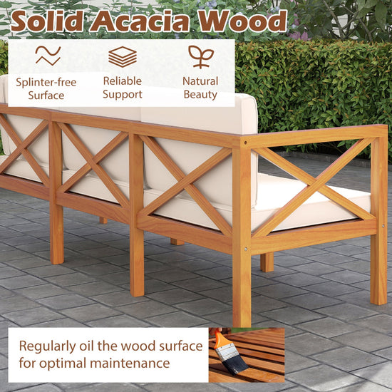 Outdoor 6-piece acacia wood patio lounge furniture set with off-white cushions, perfect for outdoor seating and relaxation.