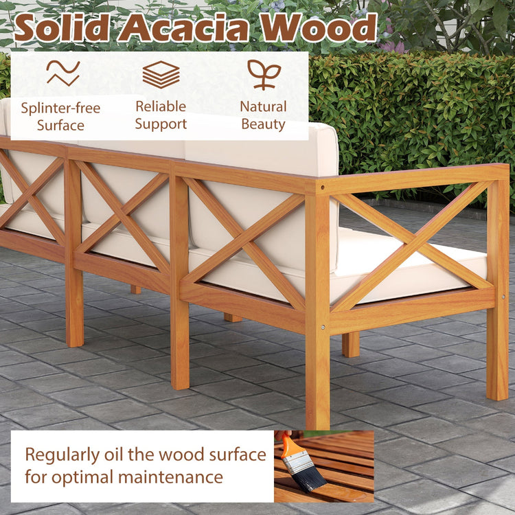 Outdoor 6-piece acacia wood patio lounge furniture set with off-white cushions, perfect for outdoor seating and relaxation.