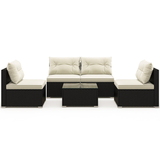 Black wicker outdoor patio furniture set with five pieces, including chairs and a table, designed for outdoor living spaces.
