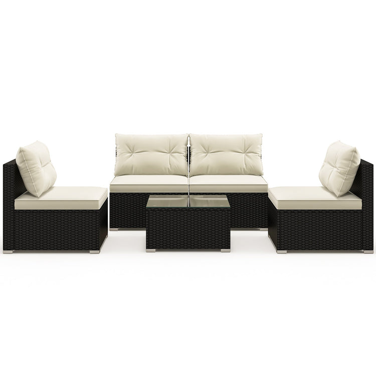 Black wicker outdoor patio furniture set with five pieces, including chairs and a table, designed for outdoor living spaces.