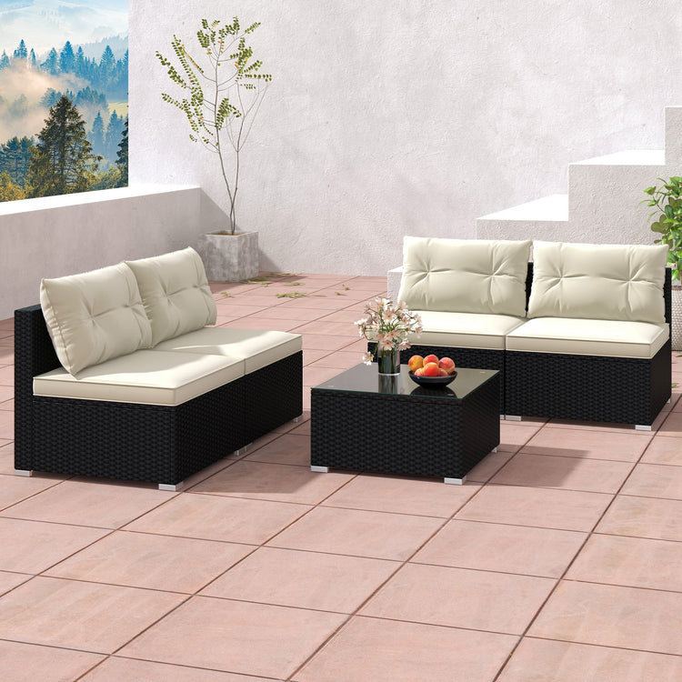 Black wicker outdoor patio furniture set with 5 pieces, including chairs and a table for outdoor lounging and entertaining.