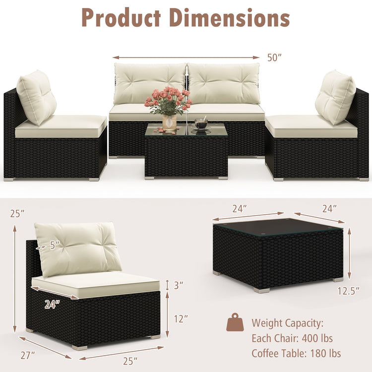 5-piece outdoor patio furniture set with black wicker, includes chairs and table, ideal for garden or patio relaxation.