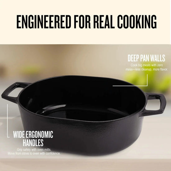 Oval Dutch oven by Alva Cookware, 6 quart size, durable enamel exterior, sturdy handles, ideal for slow cooking and roasting.