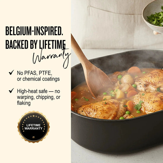 Oval 6 QT Dutch oven by Alva Cookware, showcasing black cast iron with a sturdy handle and smooth enamel finish.