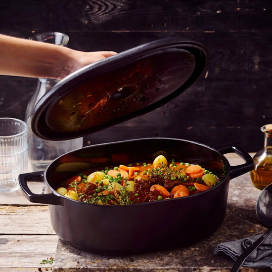 Oval Alva Cookware 6 QT Dutch Oven with lid, durable cast iron construction, ideal for slow cooking and roasting