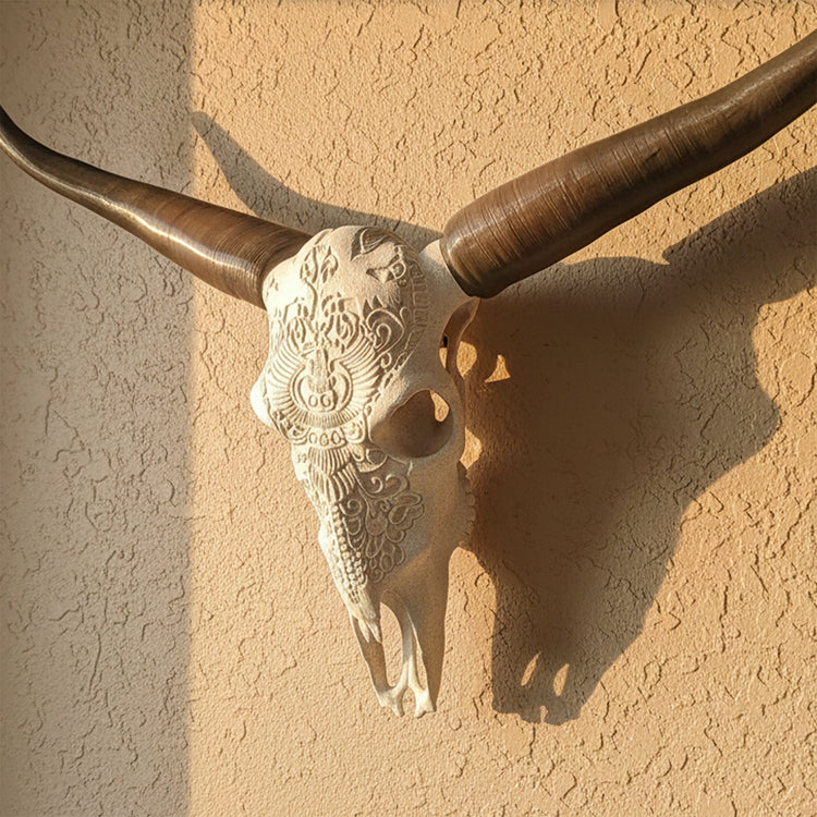 Faux steer skull with bull horns wall decor by Active Doodie Gear®, showcasing lightweight PLA material in two sizes.