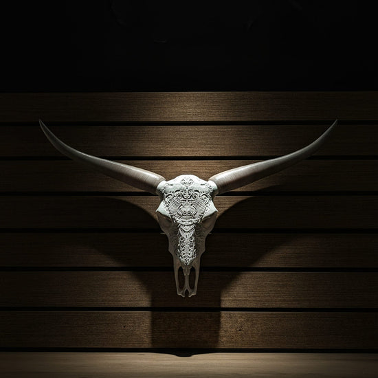 Faux steer skull with bull horns wall decor by Active Doodie Gear, lightweight PLA, southwestern style, large size.