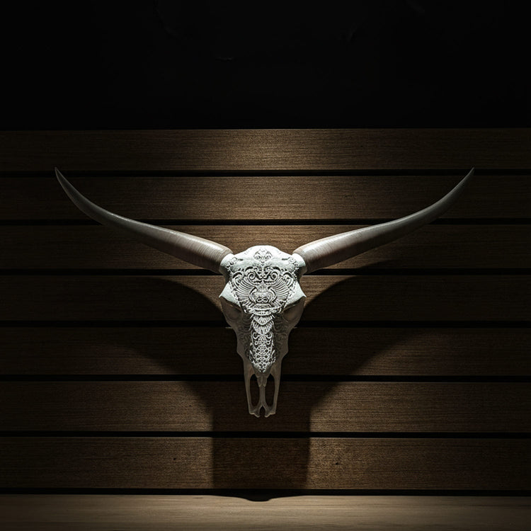 Faux steer skull with bull horns wall decor by Active Doodie Gear, lightweight PLA, southwestern style, large size.