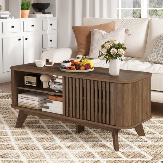 Walnut rectangular coffee table with adjustable shelves and storage space, crafted by DirectDeals for modern living rooms.