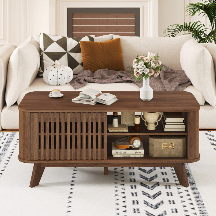 Walnut rectangular coffee table with storage, featuring adjustable shelves and a sleek modern design for living room decor.