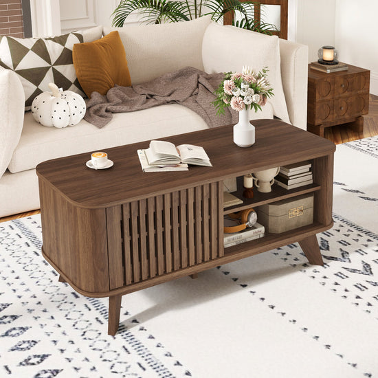 Walnut rectangular coffee table with adjustable shelves and storage space, showcasing a modern design with a smooth finish.