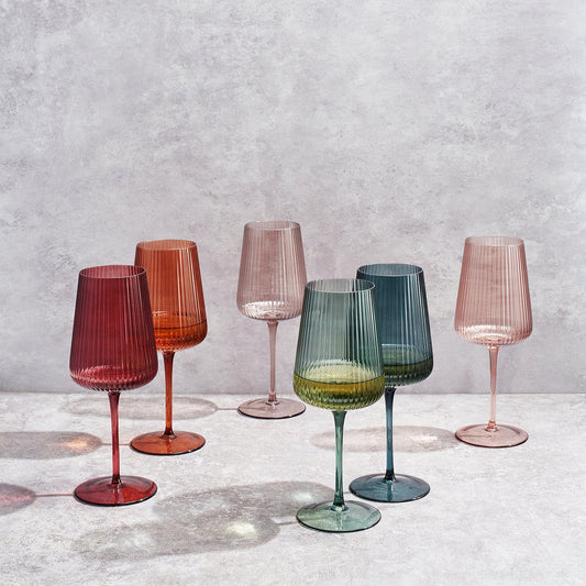 Set of six Khen Site ribbed stemmed wine glasses, 19 oz, elegant and muted design for wine serving and celebration.