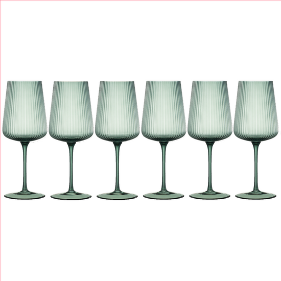 Set of six Khen Site ribbed stemmed wine glasses, 19 oz elegant glassware with a muted finish and ribbed design.