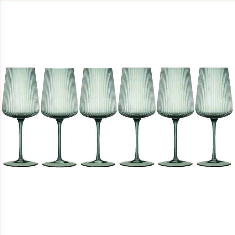 Set of six Khen Site ribbed stemmed wine glasses, 19 oz elegant glassware with a muted finish and ribbed design.