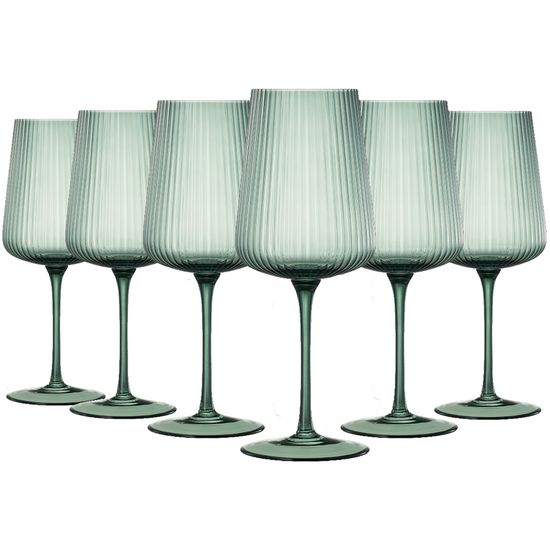 Set of 6 Khen Site ribbed stemmed wine glasses, 19 oz, elegant glassware with a muted finish, perfect for wine pouring and serving.