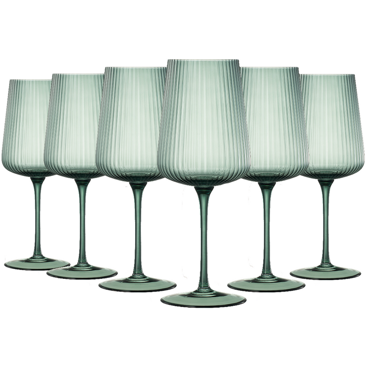 Set of 6 Khen Site ribbed stemmed wine glasses, 19 oz, elegant glassware with a muted finish, perfect for wine pouring and serving.
